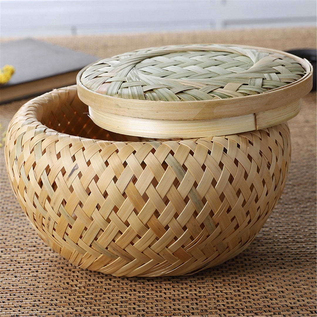 Woven Storage Basket Round Bamboo Basket With Lid Bamboo Platter Tray