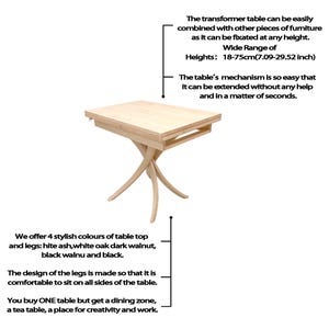 Custom made transformer 4 in 1 dining/coffee/dinner/tea table,Adjustable height expandable natural wood table image 3