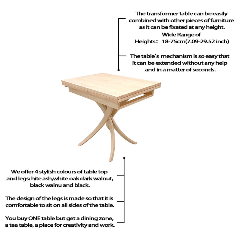 Custom made transformer 4 in 1 dining/coffee/dinner/tea table,Adjustable height expandable natural wood table image 3