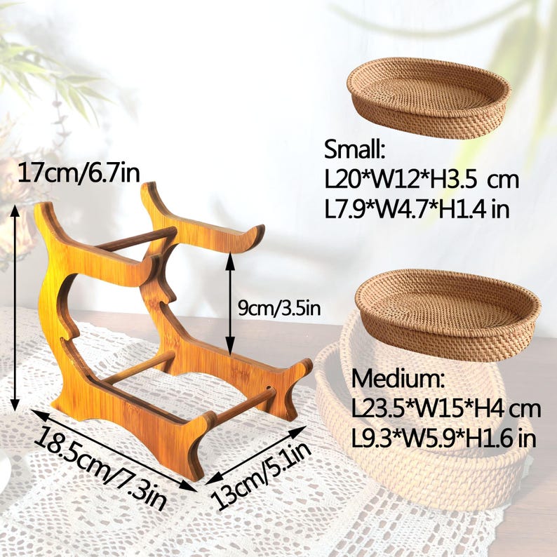 May include: A wooden stand with two tiers for displaying two oval-shaped wicker baskets. The stand is 7.3 inches wide, 6.7 inches tall, and 5.1 inches deep. The baskets are 7.9 inches long, 4.7 inches wide, and 1.4 inches tall. The stand is made of natural wood and has a rustic look.