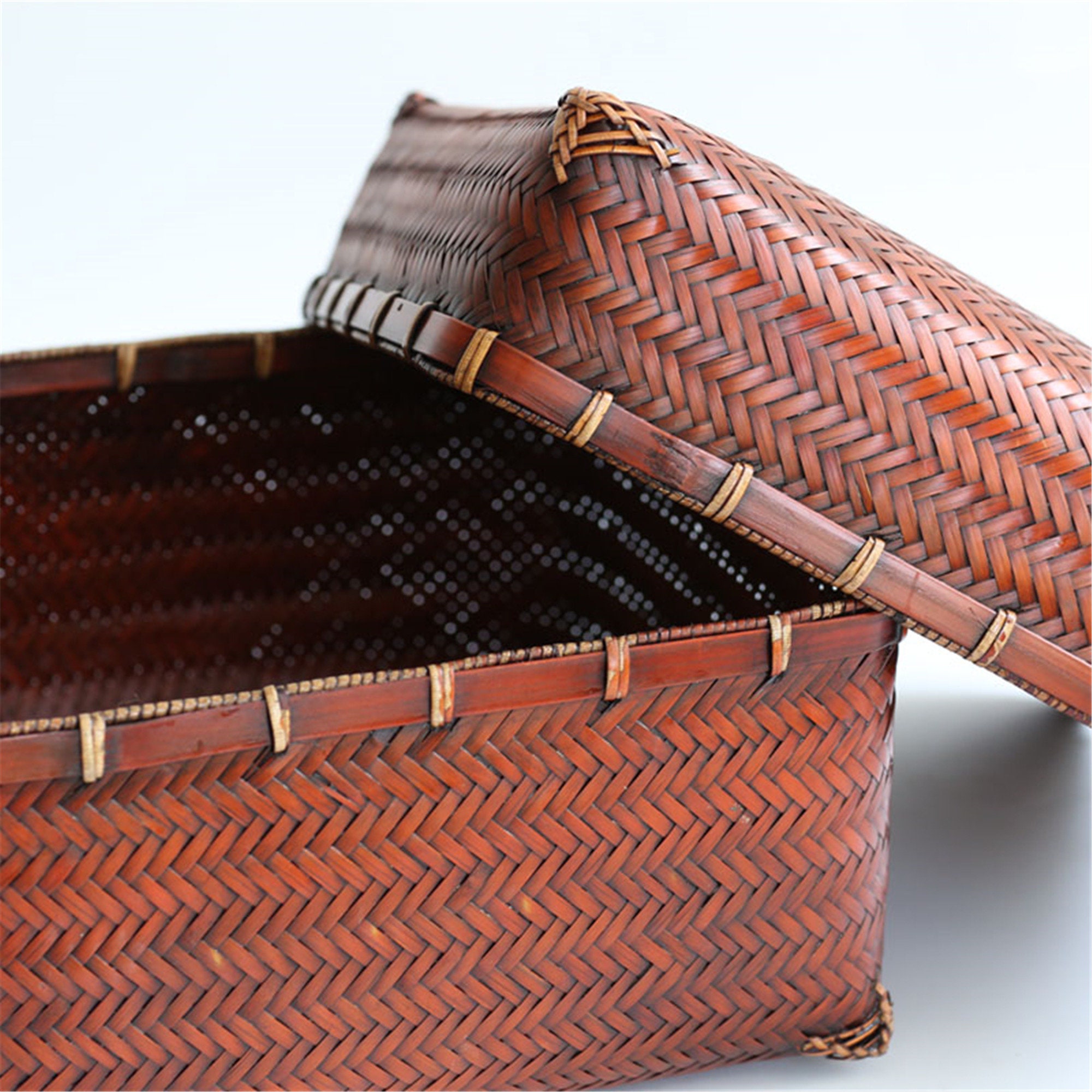 Woven storage basket square bamboo basket with lid bamboo box Etsy