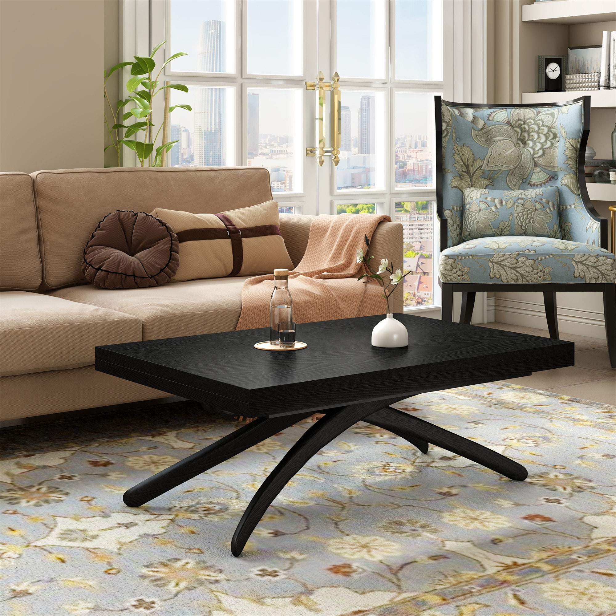 Black wood multi functional dining coffee dinner tea table,Adjustable height expandable surface natural wood table,suitable for home office