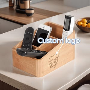 Logotipo/nome/texto personalizado madeira de bambu, caixa de armazenamento de mesa de sala de estar, batom e caixa de armazenamento de cosméticos, caixa de armazenamento de controle remoto, presentes