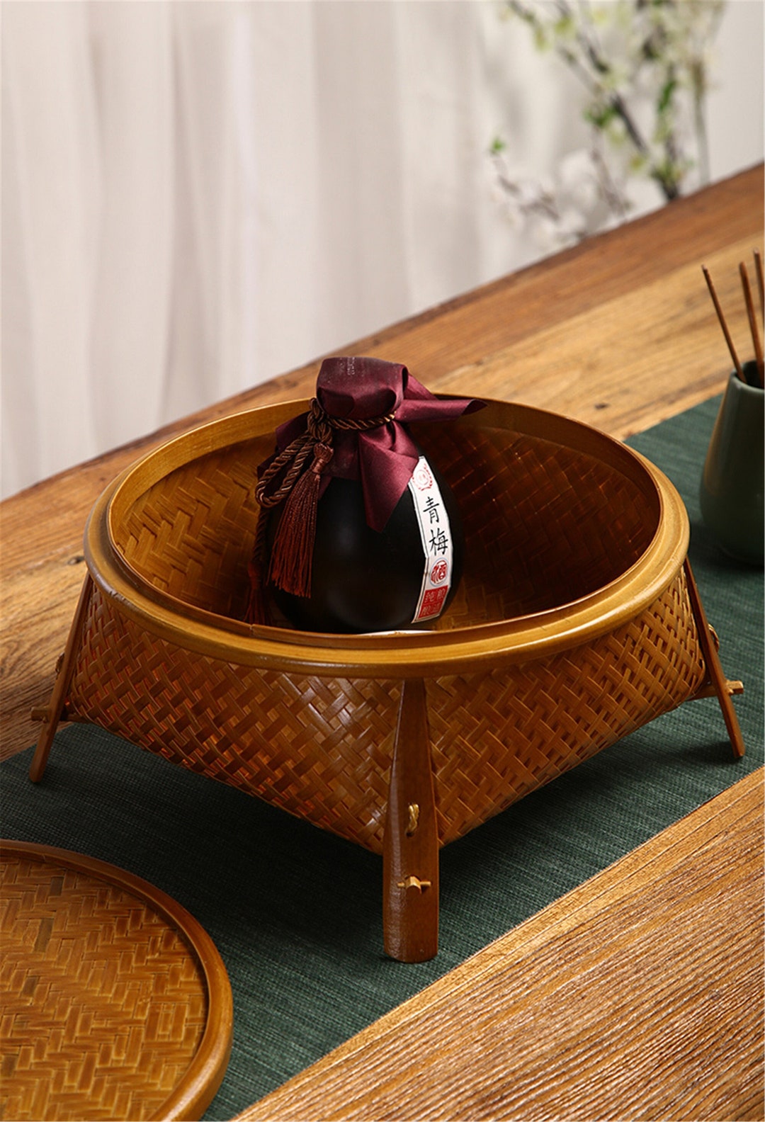 Bamboo Tea Set Storage Box Tea Table Creative Household Round With Lid