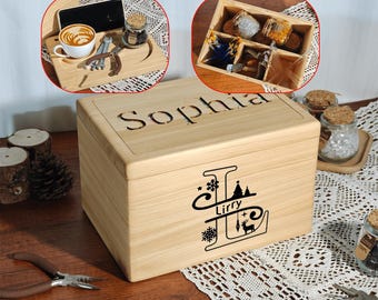 Custom name solid wood storage gift box with magnetic closure lid,cypress wood multifunctional tray lid made from Liberty cloth,compartments