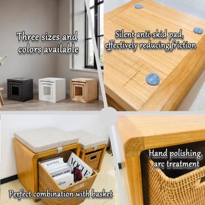 May include: Three wooden nesting tables with a cushioned top and a woven basket. The tables are available in three sizes and colors. The bottom of the table has a non-slip pad.