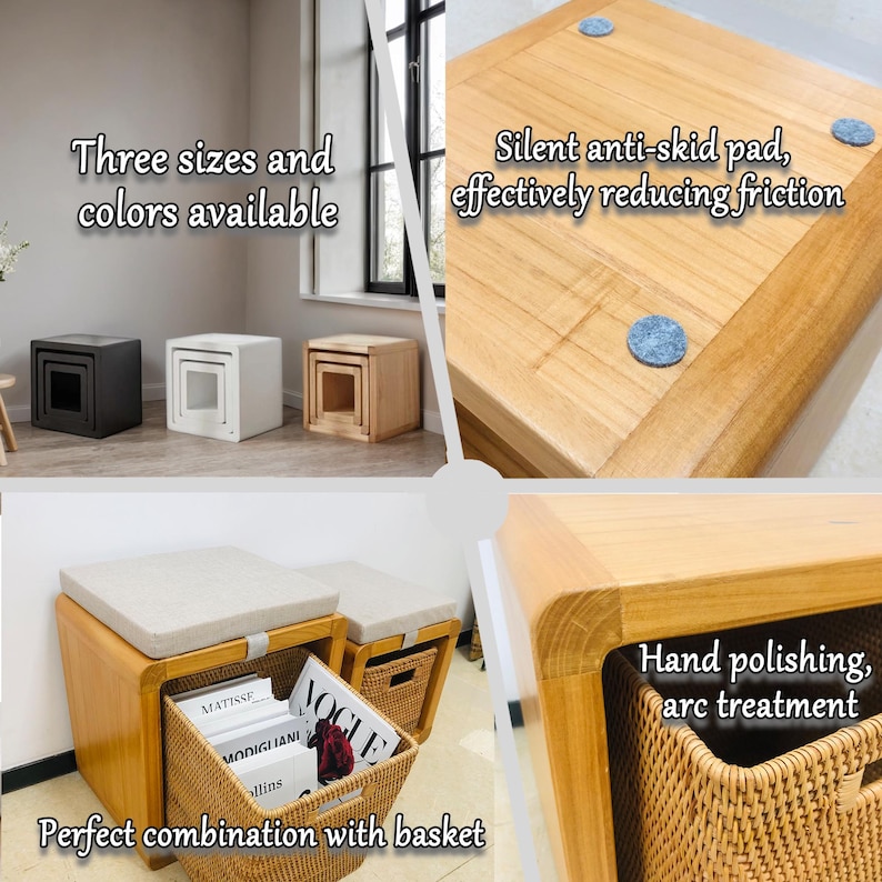 May include: Three wooden nesting tables with a cushioned top and a woven basket. The tables are available in three sizes and colors. The bottom of the table has a non-slip pad.