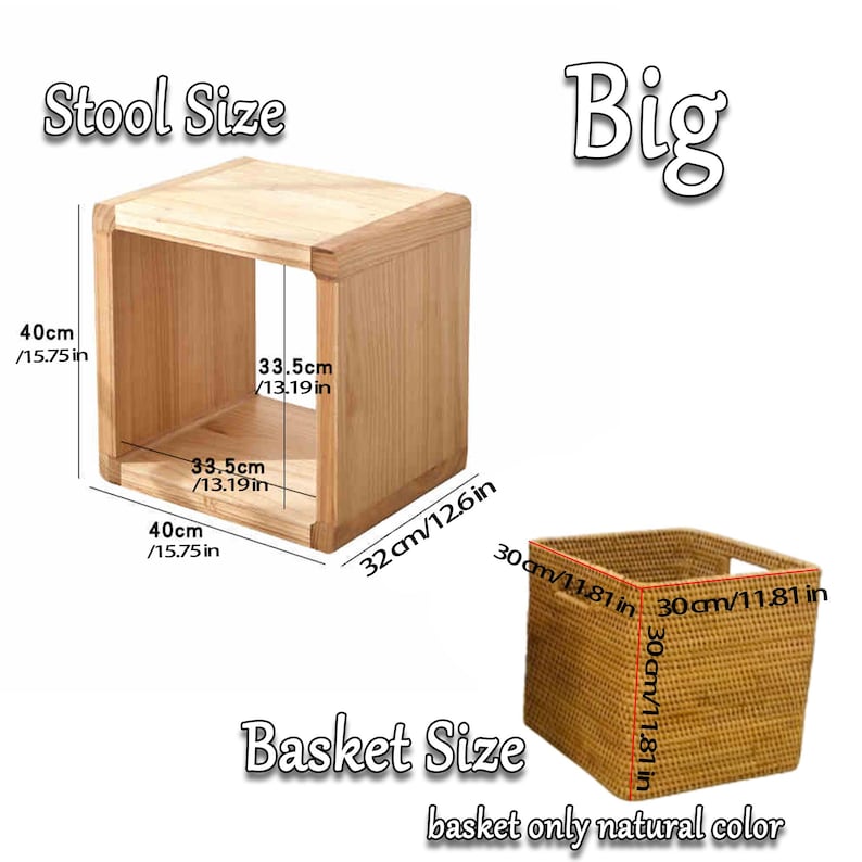 May include: A wooden stool with a square storage compartment, measuring 12.6 inches by 15.75 inches. The stool is next to a woven storage basket, measuring 11.81 inches by 11.81 inches. The text "Stool Size" and "Basket Size" are printed below the items.