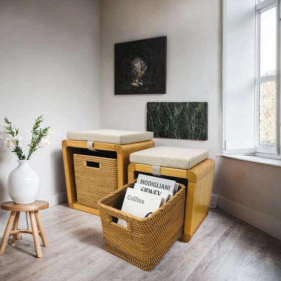 Wooden multifunctional storage stool for household use,handmade square stool suitable for bathroom,living room with rattan woven basket