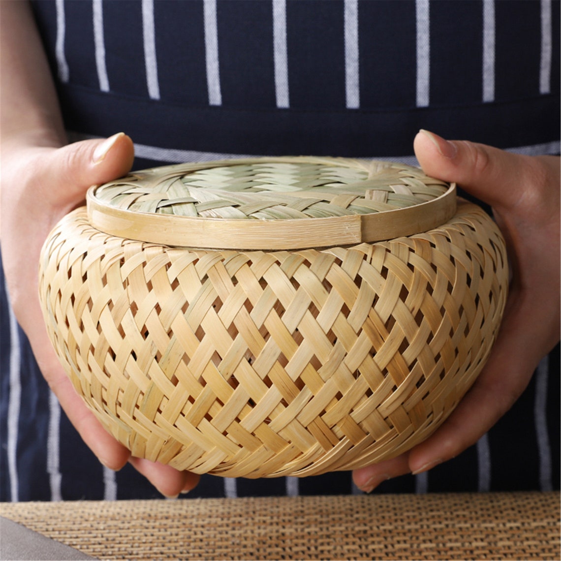 Woven Storage Basket Round Bamboo Basket With Lid Bamboo Etsy
