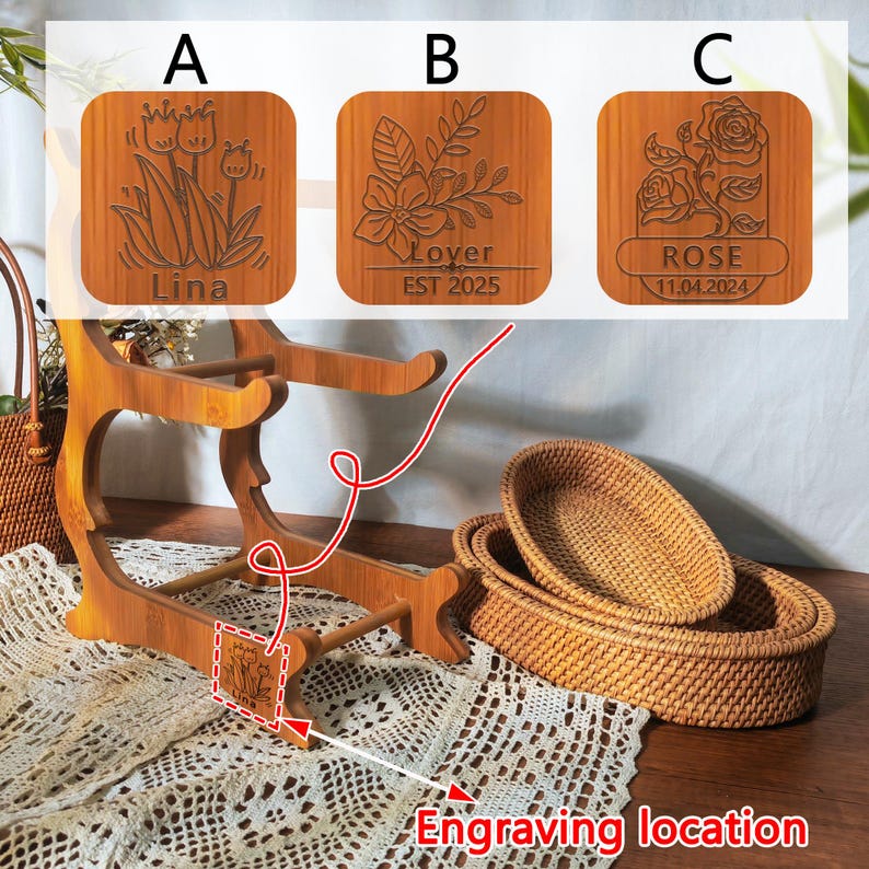 May include: Three wooden coasters with engraved designs. The coasters feature floral patterns and personalized text, including "Lina", "Lover EST 2025", and "ROSE 11.04.2024".