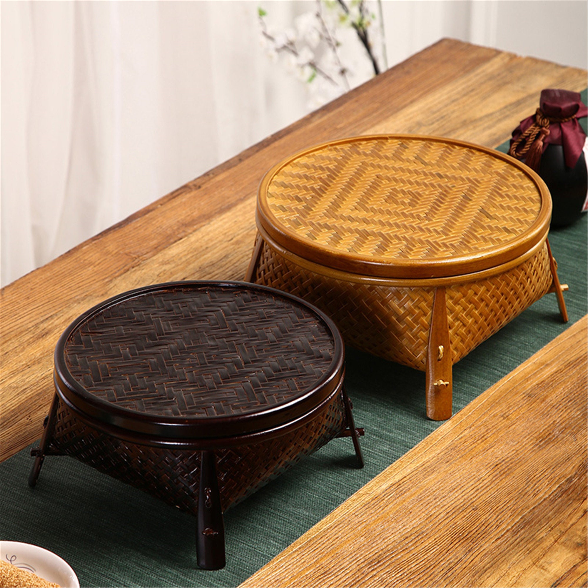 Bamboo Tea Set Storage Box Tea Table Creative Household Round With Lid