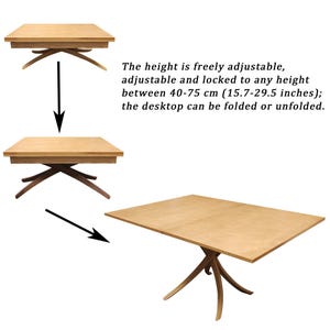 May include: A light-colored wooden table with a unique base design. The height is adjustable between 15.7-29.5 inches. The desktop can be folded or unfolded.