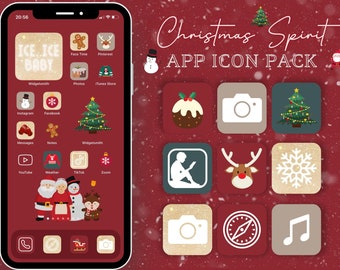 May include: A smartphone screen displays a Christmas-themed app icon pack. The icons feature festive designs like a Christmas tree, gingerbread man, and Santa Claus. The words "Christmas Spirit APP ICON PACK" are written in a decorative font.