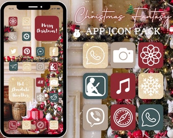 May include: A smartphone screen displays a Christmas-themed app icon pack. The icons are in shades of red, gold, and green, with festive designs like snowflakes and floral patterns. The words "Christmas Fantasy" and "Merry Christmas!" are visible.