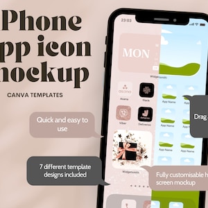May include: A mockup of an iPhone home screen with customisable app icons. The screen shows a calendar widget with the date "MON" and a green landscape background. The app icons are arranged in a grid and include apps like Asana, Slack, Viber, and Deliveroo. The text "Drag and drop" is displayed in a grey box.
