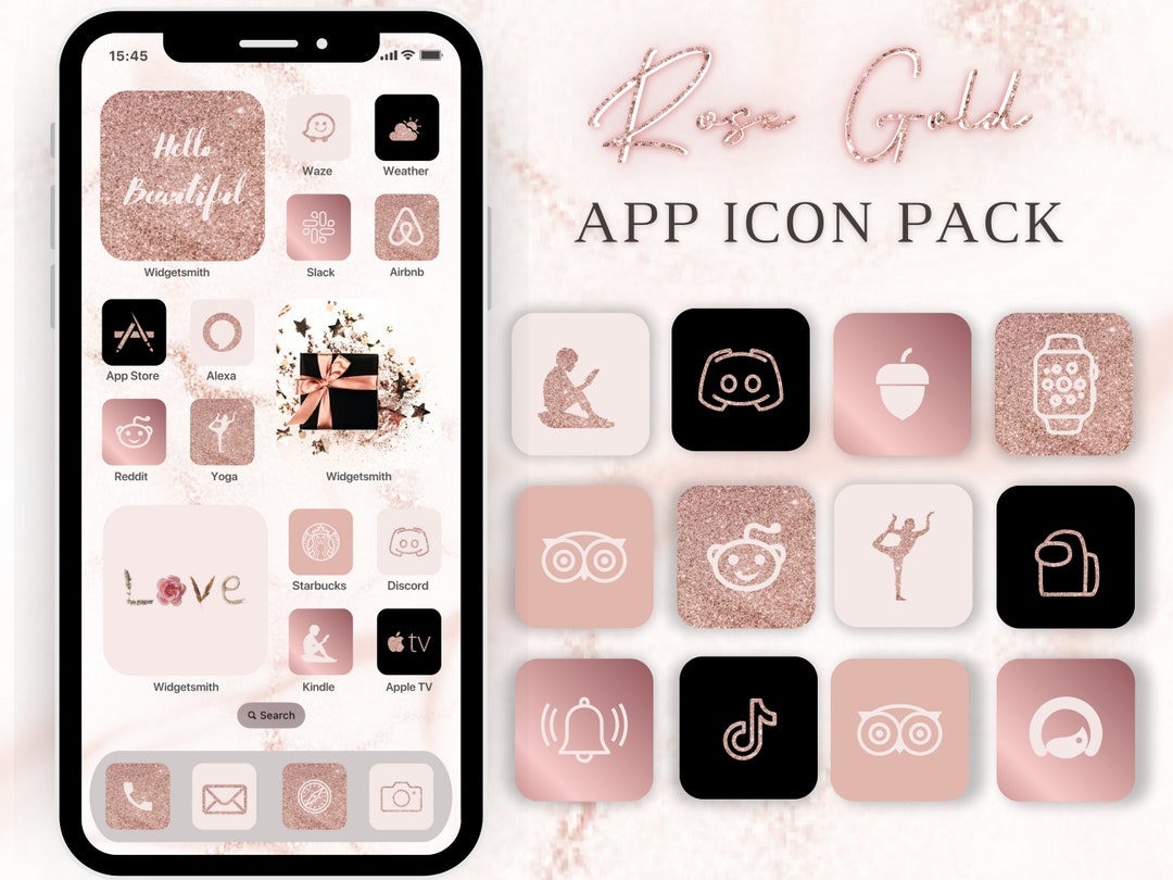 Rose Gold App Icon Pack, Pink Glitter iPhone Aesthetic Theme, Nude