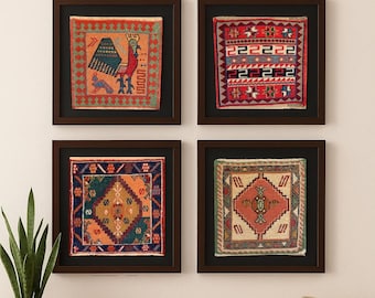 Set of 4 Wall Hanging Klim Rug/Handwoven Kilim Wall Art – Framed Wool Tapestries with Shatterproof Glass – Boho Home Décor/Vintage Decor
