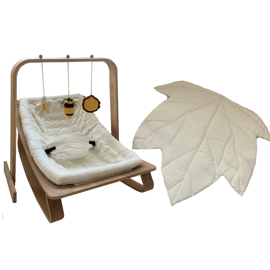 White Baby BouncerBaby GymHandmade Baby RockerWooden Baby Craddle+Gym+Mat+Toys