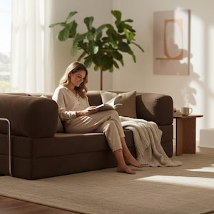 Puede incluir: Un sof&aacute; modular marr&oacute;n con una persona leyendo un libro. El sof&aacute; tiene una textura de pana y un marco de metal. Una manta y almohadas beige est&aacute;n en el sof&aacute;. La habitaci&oacute;n tiene una paleta de colores neutros con una ventana grande y una planta.