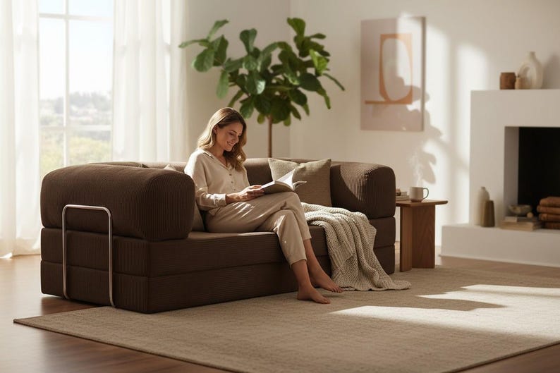 Puede incluir: Un sof&aacute; modular marr&oacute;n con una persona leyendo un libro. El sof&aacute; tiene una textura de pana y un marco de metal. Una manta y almohadas beige est&aacute;n en el sof&aacute;. La habitaci&oacute;n tiene una paleta de colores neutros con una ventana grande y una planta.