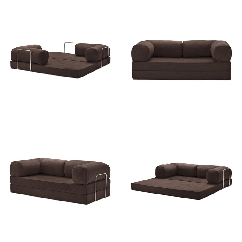 Puede incluir: Cuatro im&aacute;genes muestran un sof&aacute; convertible en varias configuraciones. El sof&aacute; es de color marr&oacute;n oscuro, con reposabrazos redondeados y un dise&ntilde;o plegable. El marco de metal es visible en algunas configuraciones.
