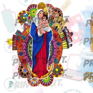 Peut inclure: Illustration numérique de la Vierge Marie tenant l'enfant Jésus, avec une église en arrière-plan. L'image est en bleu, rouge et blanc, avec le texte "Print and Cut Design" et "Download" visible.