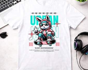 Skater Bunny T-Shirt, Urban Skateboard Graphic Tee, Streetwear Rabbit Shirt
