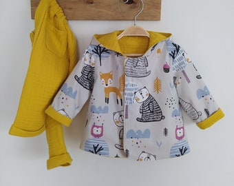 Children Reversible Hooded Jacket/ Mustard Yellow Baby Jacket / Toddler Outfit / Baby Outfit/ 4 layers of Multi Muslin-Seasonal-Kids Jacket