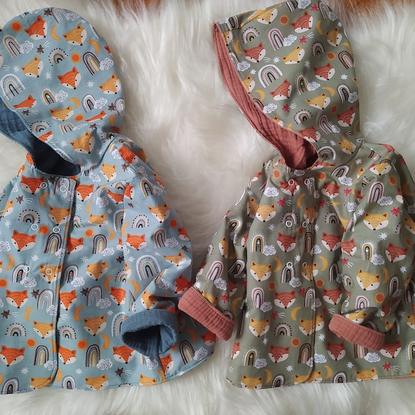 Reversible Hooded Baby Jacket/ Child Jacket / Toddler Coats / Baby Outfit/ %100 Cotton-4 layers of Multi Muslin-Seasonal-Kids Jacket