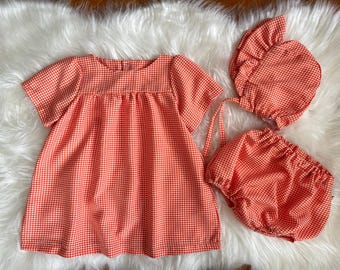 Gingham Baby Dress, Cotton Outfit, Sun Bonnet, Blommer Set