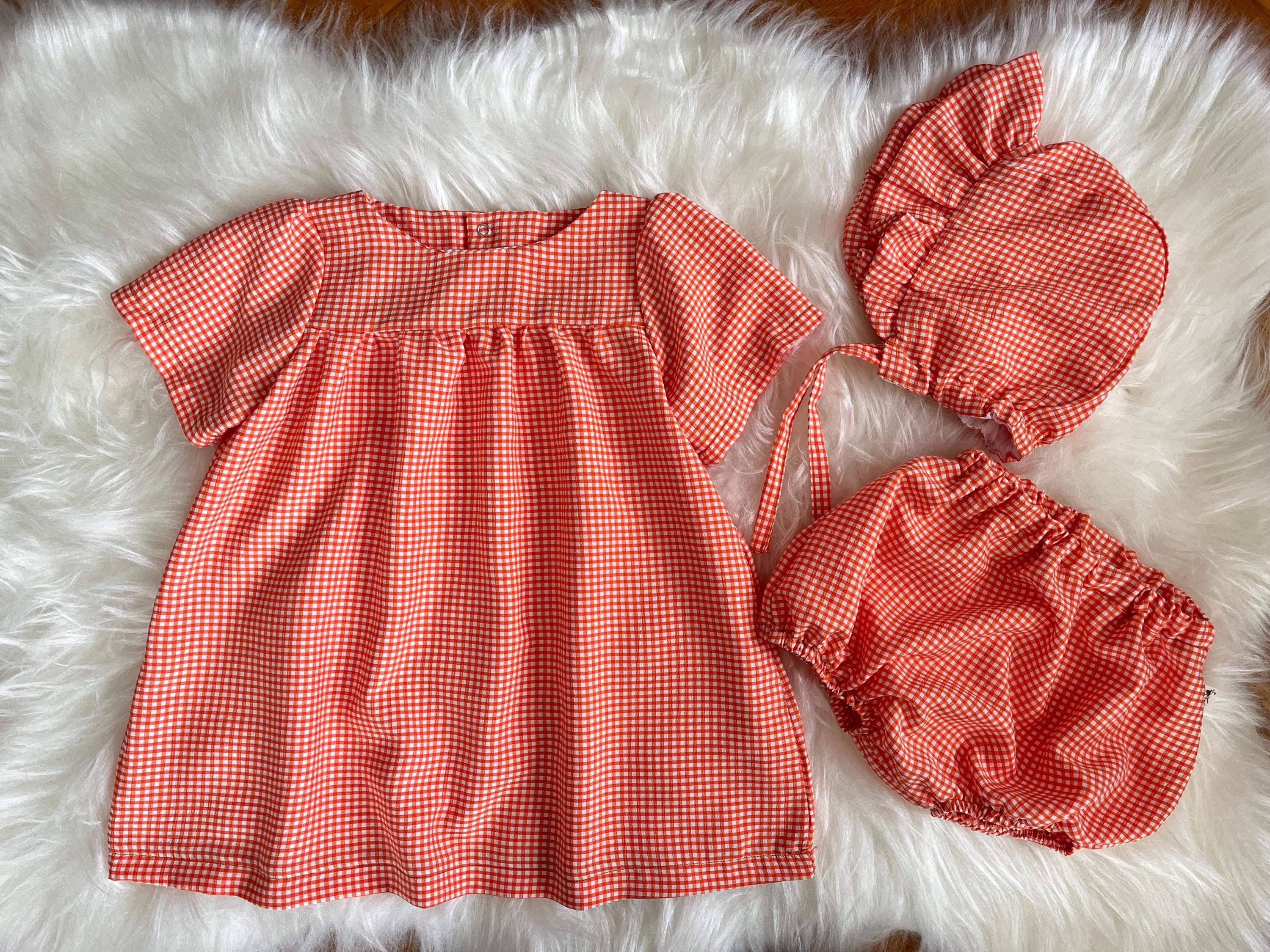 Gingham Baby Dress, Cotton Outfit, Sun Bonnet, Blommer Set