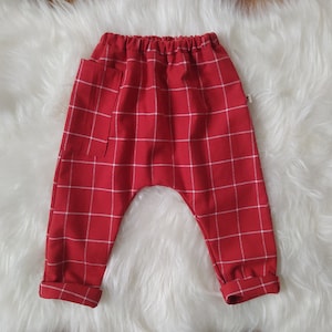 Wool Blend Kids Harem Pants: Red Tartan Plaid Joggers
