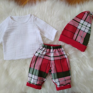 Organic Cotton Christmas Baby Outfit: Plaid Pants & Elf Hat, 3-Piece Set