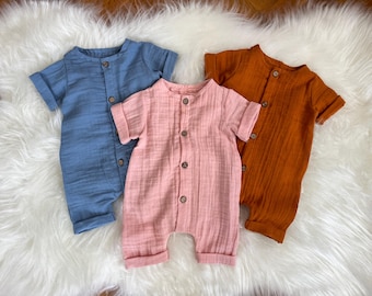 Organic Cotton Muslin Baby Romper: Buttoned Newborn Jumpsuit