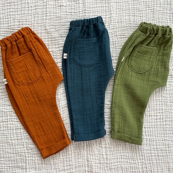 Pantalon d'été pour tout-petit, sarouel en mousseline pour bébé, pantalon double en mousseline, pantalon style bohème, vêtements pour bébé, coton bio