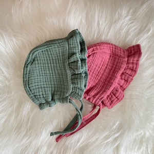 Touca de musselina orgânica para bebê: chapéu de sol com aba de babados, presente para recém-nascido