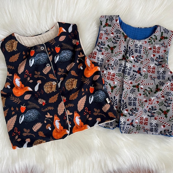 Woodland Baby Vest | Organic Cotton Muslin Lined, Reversible Gilet