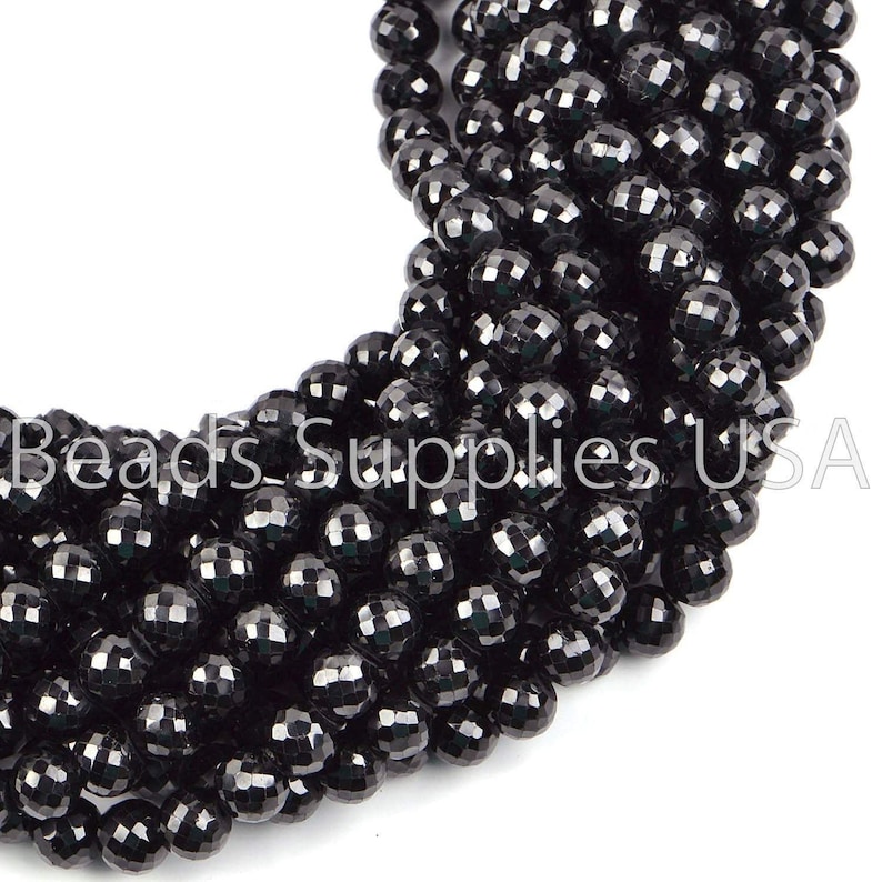 PK2 Black Spinel Faceted Round Ball Gemstone Loose Spacer Craft Beads Strand 15 4mm