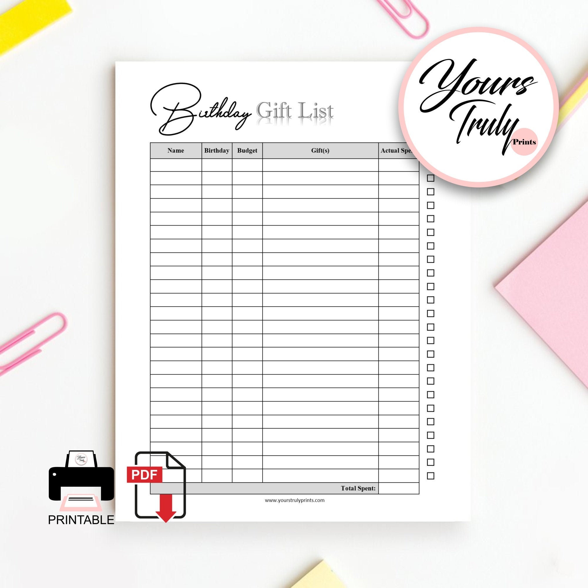 Birthday Gift List Planner Downloadable Print Printable Etsy