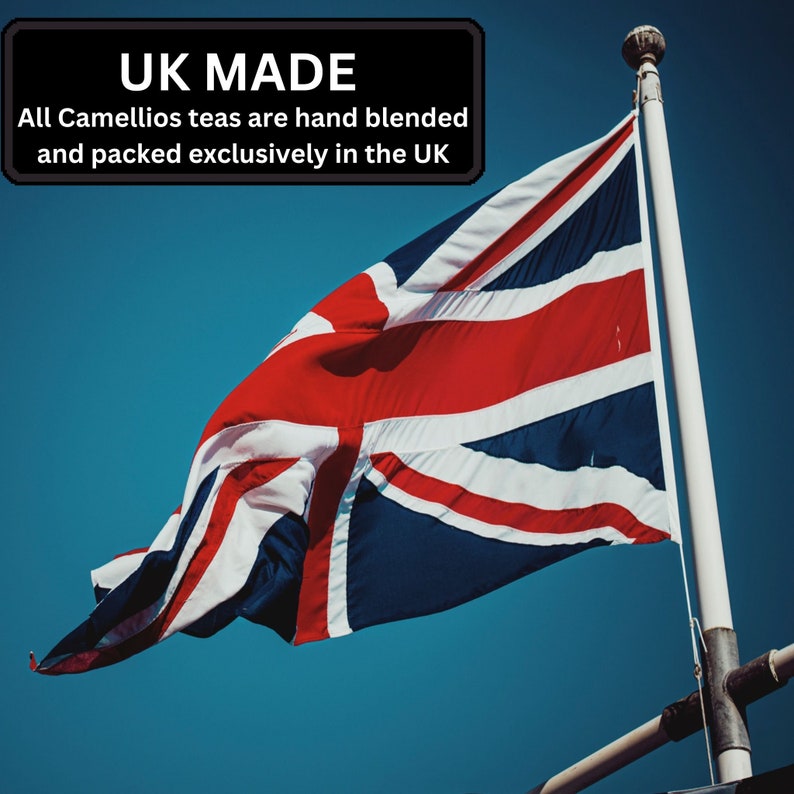 May include: A Union Jack flag waving in the wind against a bright blue sky. The flag is red, white, and blue with the Union Jack design in the upper left corner. The text "UK MADE" is in a black box above the flag. The text below the box reads "All Camellio teas are hand blended and packed exclusively in the UK."