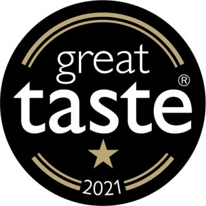 May include: A black and gold Great Taste award logo with a star and the year 2021. The text "great taste" is in white.