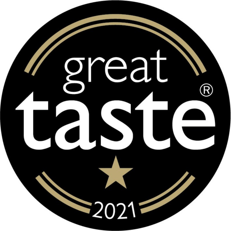 May include: A black and gold Great Taste award logo with a star and the year 2021. The text "great taste" is in white.