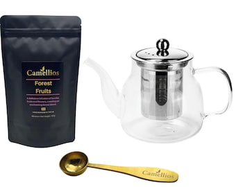 Glass Teapot with Infuser - 100g Artisan Tea - Measuring Spoon - Loose Leaf Tea Starter Kit