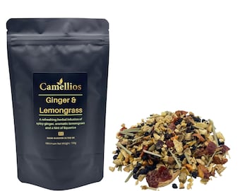 Té de jengibre y limoncillo, té de hierbas de hojas sueltas, camelios