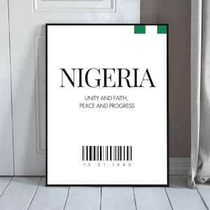 Nigerian Minimalist Wall Art; Country Motto - Unity, Faith, Peace, Progress, Nigeria Independence; History and Culture Print