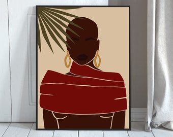 May include: Abstract art print featuring a woman with dark skin, wearing a red scarf and large gold earrings. The background is a light beige colour with a green palm leaf.