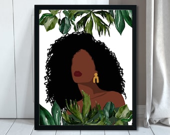 Black Girl Wall Art; African American Woman Print; Abstract Poster; White and Green Home Poster; Palm Leaves Art; Digital Download