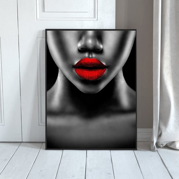 Black Girl Red Lips Glam Art; Statement Fashion Wall Art; African American Photo Print; Minimalist Glam and Chic Design