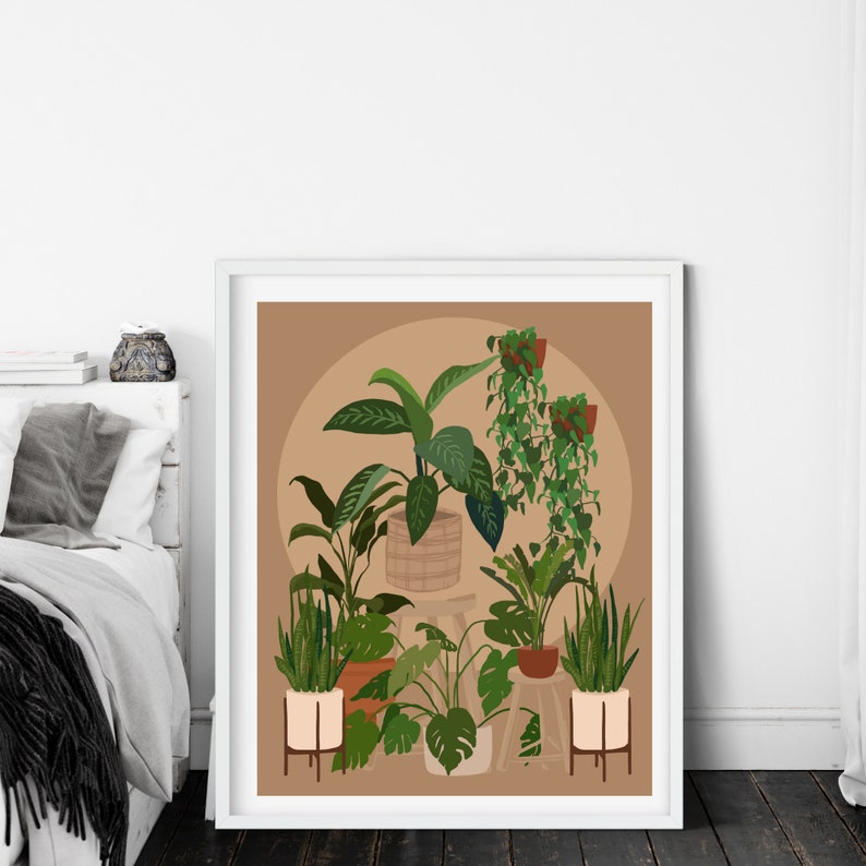 May include: A digital illustration of a collection of potted plants in various sizes and shapes, including a large leafy plant in a woven basket, a snake plant, and a hanging plant. The plants are arranged on a light brown background with a circular pattern.